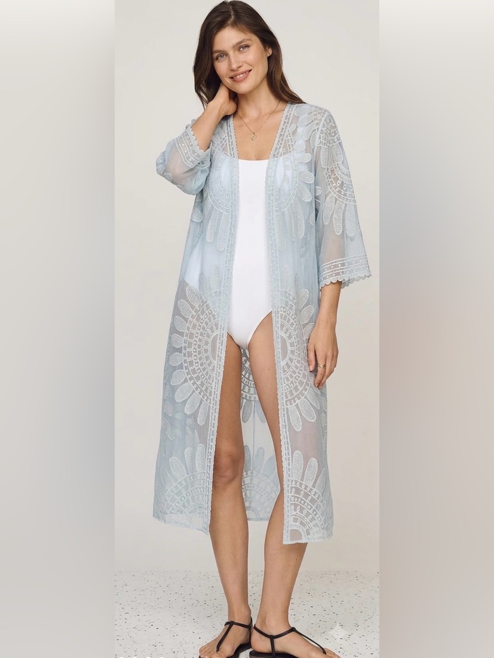 Rebellion Sheer Mesh Embroidered Beach Cover Up Cardigan Size M Blue Long Duster - Picture 14 of 14